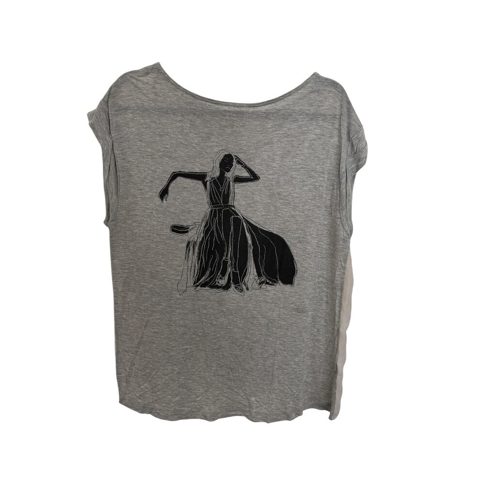 Halston Heritage T-Shirt Womens Large Graphic Mixed Media Gray Chiffon Crossover